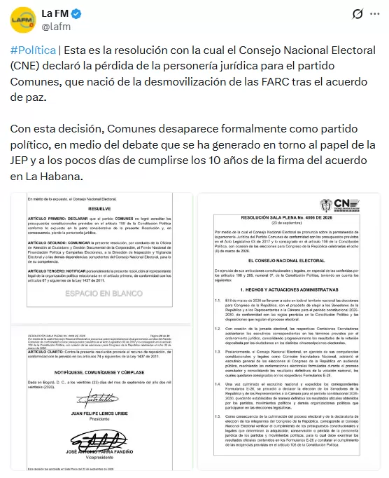 CNE declaró la pérdida de la personería jurídica para el partido Comunes - FARC